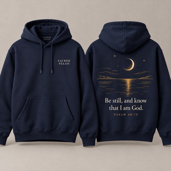 Navy pullover hoodie, front and back: Sacred Selah on the chest; on the back a crescent moon over still water and Be still, and know that I am God, Psalm 46:10.