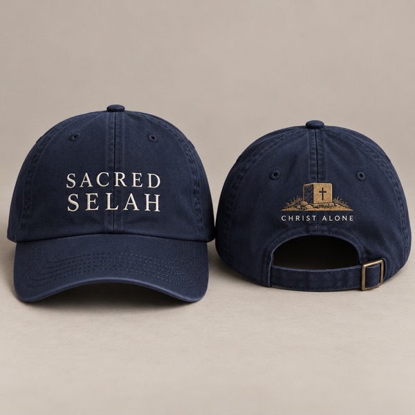 Navy dad cap, front and back: Sacred Selah embroidered in cream on the front; a small gold cornerstone with a cross and CHRIST ALONE embroidered above the strap.