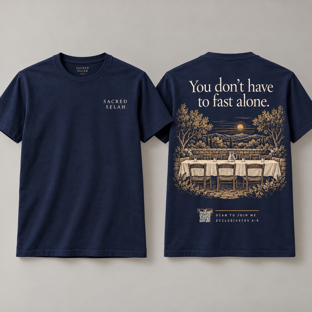 Navy t-shirt, front and back: Sacred Selah on the chest; on the back a long table with water and five chairs under You don't have to fast alone, and a small scan code.