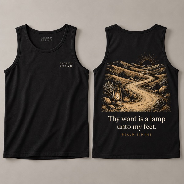 Black athletic tank top, front and back: Sacred Selah on the chest; on the back a lantern at the start of a winding desert path and Thy word is a lamp unto my feet, Psalm 119:105.