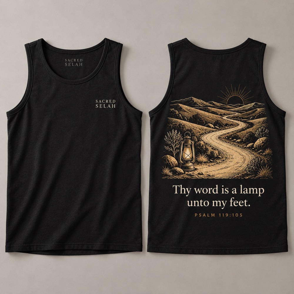 Black athletic tank top, front and back: Sacred Selah on the chest; on the back a lantern at the start of a winding desert path and Thy word is a lamp unto my feet, Psalm 119:105.