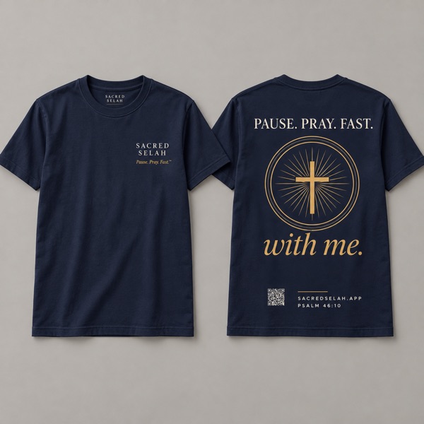 Navy t-shirt, front and back: Sacred Selah on the chest; on the back PAUSE. PRAY. FAST., a gold seal with a cross, and with me. in gold script.