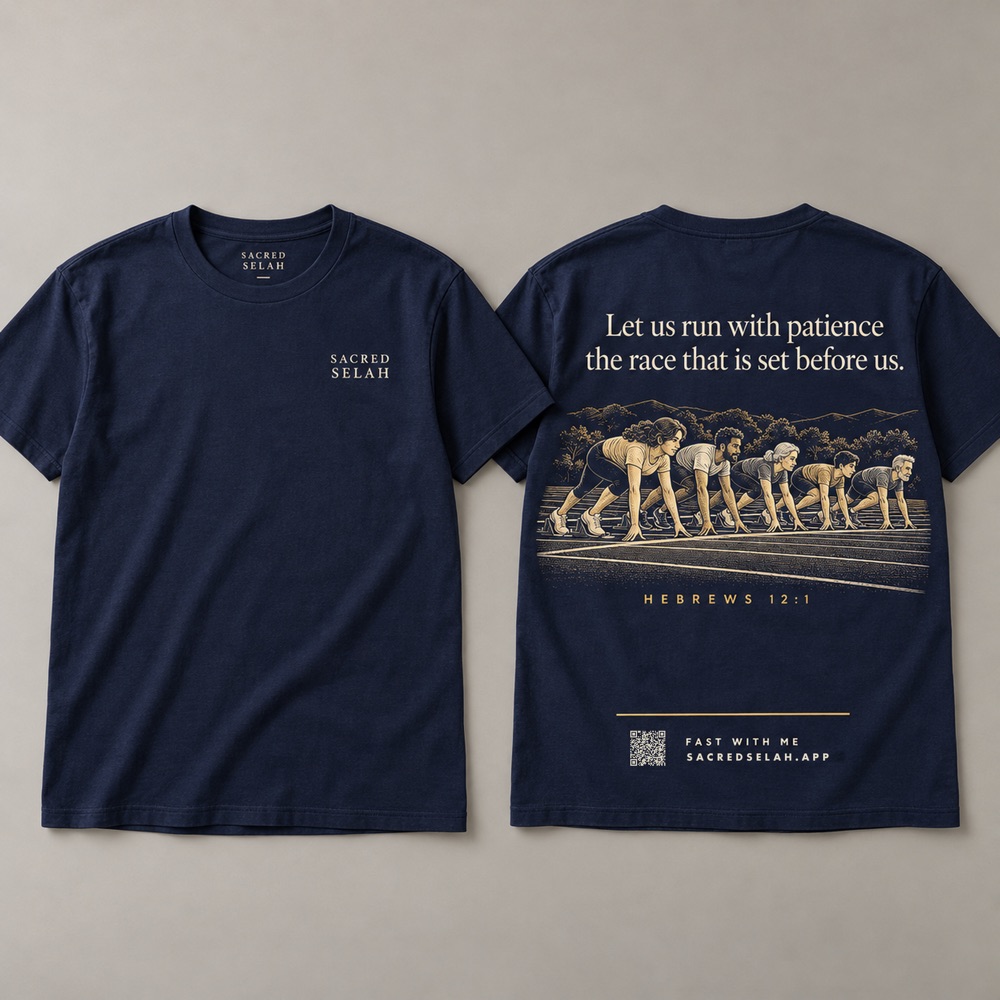 Navy t-shirt, front and back: Sacred Selah on the chest; on the back runners in starting blocks under Let us run with patience the race that is set before us, Hebrews 12:1.