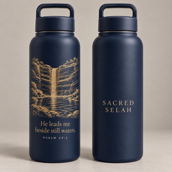 Two matte navy steel water bottles: one with a gold waterfall into a still pool and He leads me beside still waters, Psalm 23:2; the other with Sacred Selah in gold.