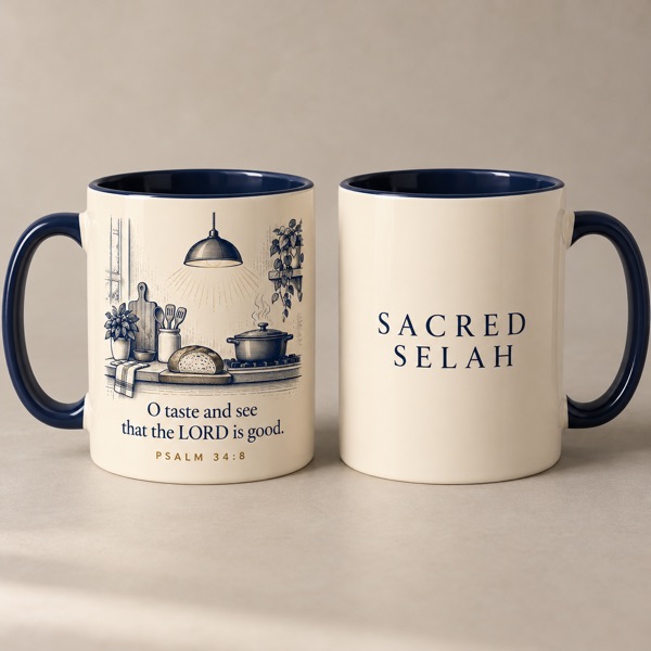 Two cream ceramic mugs with navy insides: one with a kitchen scene and O taste and see that the LORD is good, Psalm 34:8; the other with Sacred Selah in navy.