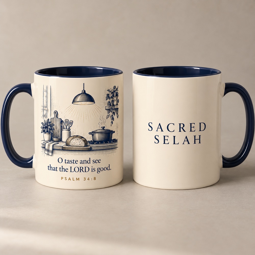 Two cream ceramic mugs with navy insides: one with a kitchen scene and O taste and see that the LORD is good, Psalm 34:8; the other with Sacred Selah in navy.