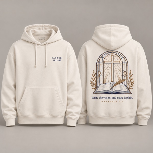 Bone pullover hoodie, front and back: Sacred Selah on the chest; on the back a stained-glass cross above an open book and quill and Write the vision, and make it plain, Habakkuk 2:2.